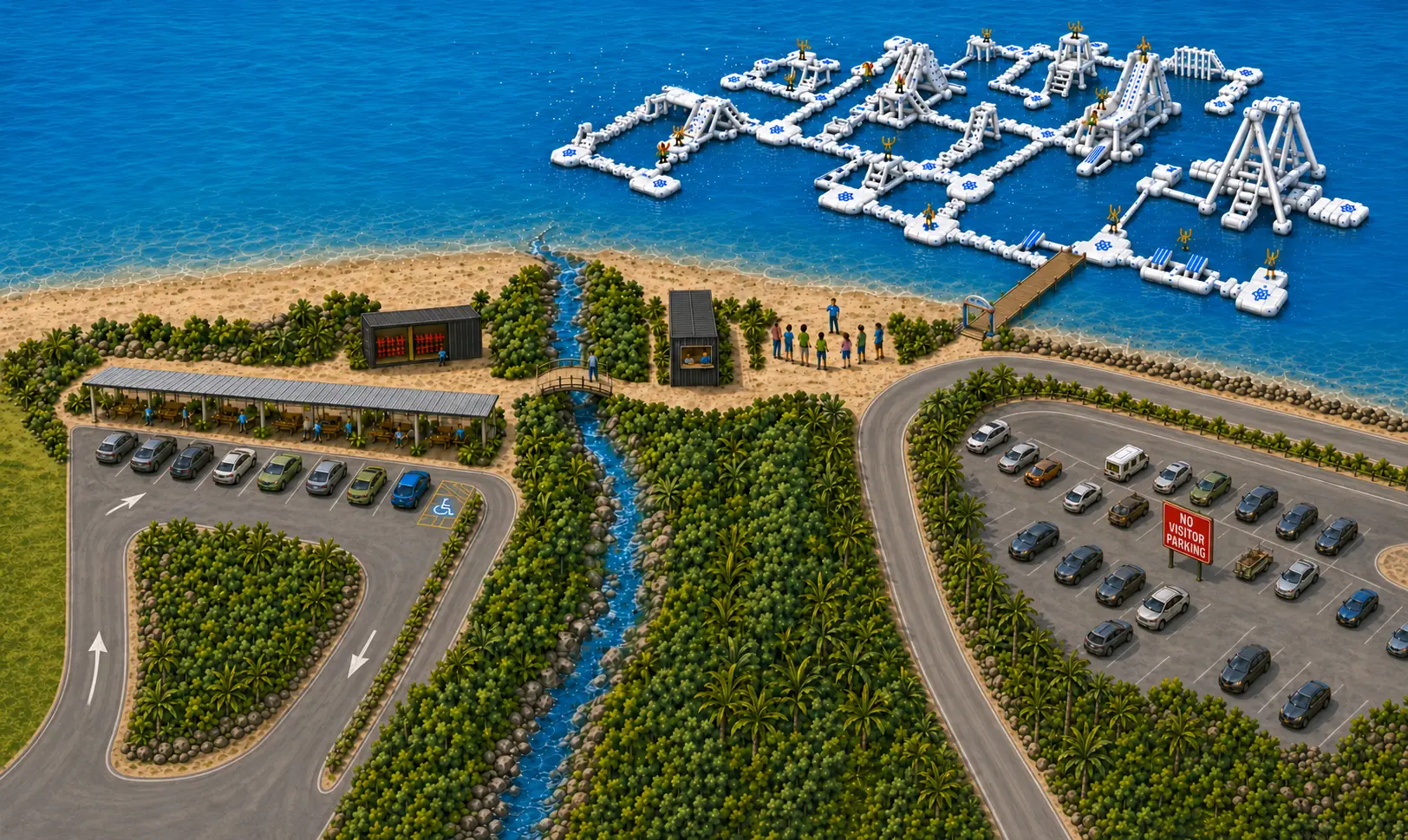 Aqua Warrior visitor arrival map showing separate entry and exit roads, the rectangular customer car park, covered seating, dark grey service containers, silver shelter roof, ticket office, safety briefing area, park entrance and the no visitor parking area