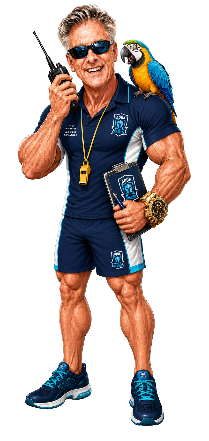 Caricature of Paul Anderson directing an Aqua Warrior corporate team program by VHF radio with a colourful parrot on his shoulder