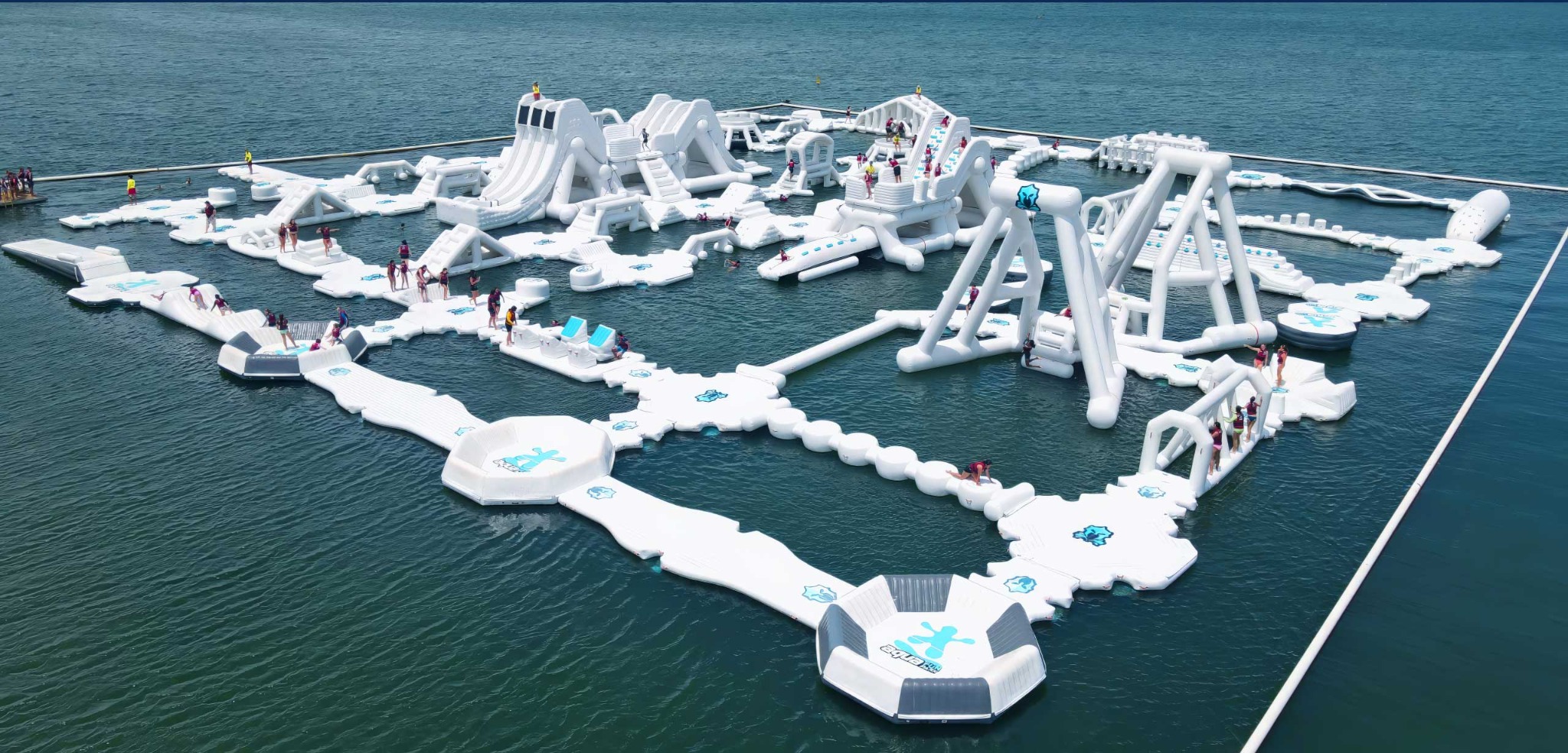 Aerial view of the complete Aqua Warrior inflatable water park